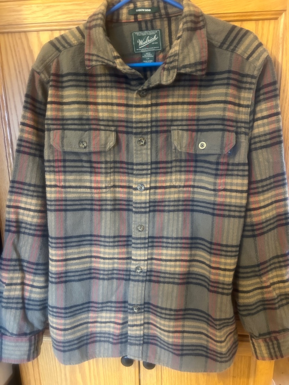 Woolrich Olive Plaid Button-Up Jacket with Navy & Red Stripes